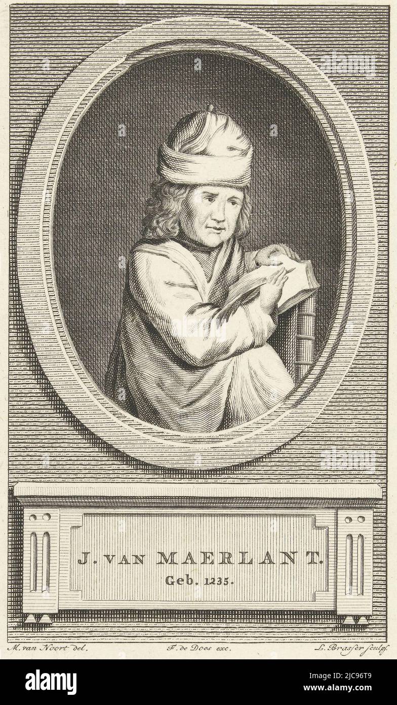 Portrait du poète Jacob van Maerlant, assis sur une chaise dans une posture tournée tout en écrivant avec une douille dans un livre reposant sur le dossier, Portrait de Jacob van Maerlant J. van Maerlant , imprimerie: Leendert Brasser, (mentionné sur l'objet), dessinateur intermédiaire: M. van Noort, (mentionné sur l'objet), éditeur: Frans de does, (mentionné sur l'objet), pays-Bas, 1727 - 1793, papier, gravure, gravure, h 232 mm × l 156 mm Banque D'Images