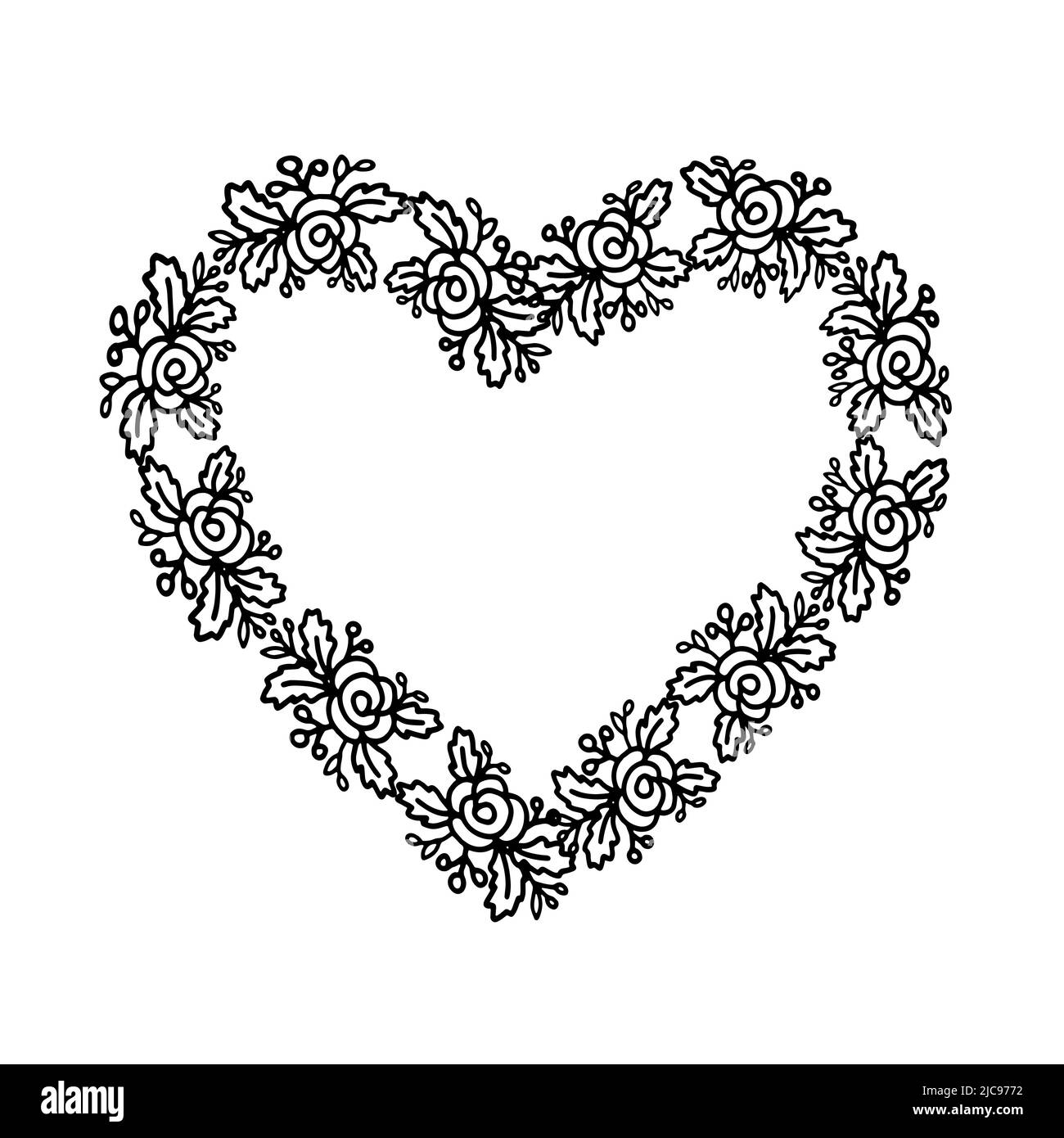 Cadre à coeurs fleuris noir et blanc pour carte de conception, invitations ou page de colorin Illustration de Vecteur