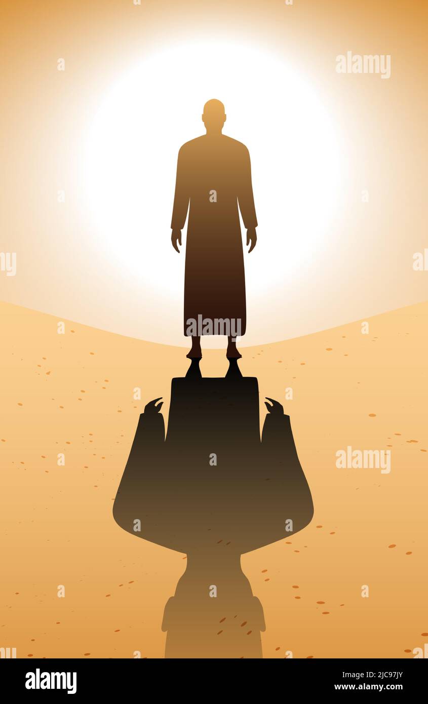 Homme vêtu d'une robe debout sur un paysage sablonneux et un grand fond lumineux de soleil, illustration vectorielle conceptuelle. Illustration de Vecteur