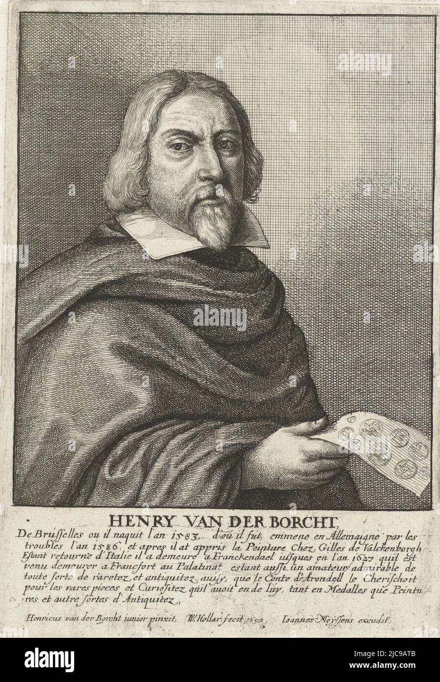 Portrait de l'artiste flamand Hendrik van der Borcht l'ancien, Portrait de Hendrik van der Borcht l'ancien Portraits des artistes image de divers hommes esprit sublime , imprimerie: Venceslaus Holar, (mentionné sur objet), après: Hendrik van der Borcht (I), (mentionné sur objet), éditeur: Joannes Meyssens, (mentionné sur l'objet), Anvers, 1650 et/ou 1650 - 1670, papier, gravure, h 168 mm × l 117 mm Banque D'Images