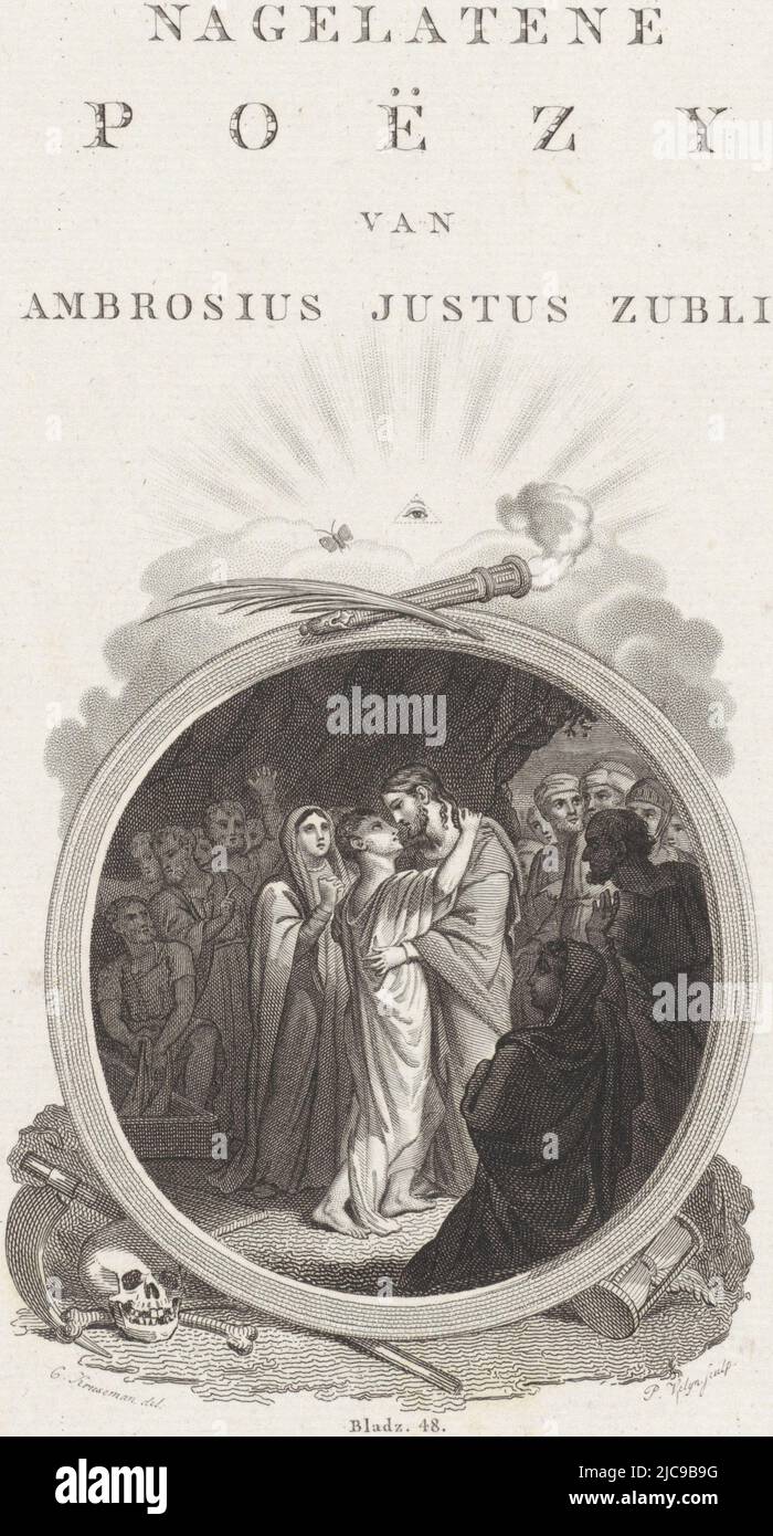 Parmi beaucoup de personnes observant, Judas embrasse le Christ. Au-dessus de l'image, une torche éteinte, une branche de paume et un papillon, au-dessus duquel l'œil tout-en-un est entouré d'un rayon. Sous le médaillon représenté un sablier ailé, un scythe et un crâne, Judas embrasse Christ page titre pour: A.J. Zubli, Nagelatene pozy van Ambrosius Jutus Zubli, 1821, Imprimeur: Philippus Velijn, (mentionné sur l'objet), dessinateur intermédiaire: Cornelis Kruseman, (mentionné sur l'objet), éditeur: Weduwe Johannes Allart, (mentionné sur l'objet), la Haye, 1821, papier, gravure, gravure, h 247 mm × l 152 mm Banque D'Images