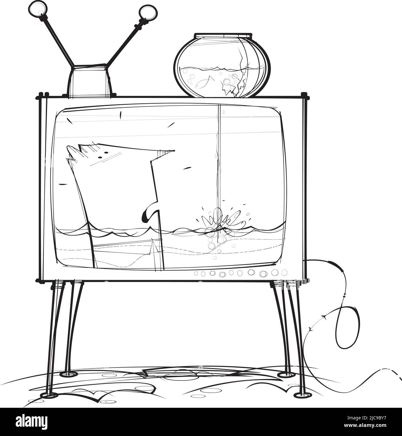 L'homme à la télévision est inondé par un bol de poisson Illustration de Vecteur