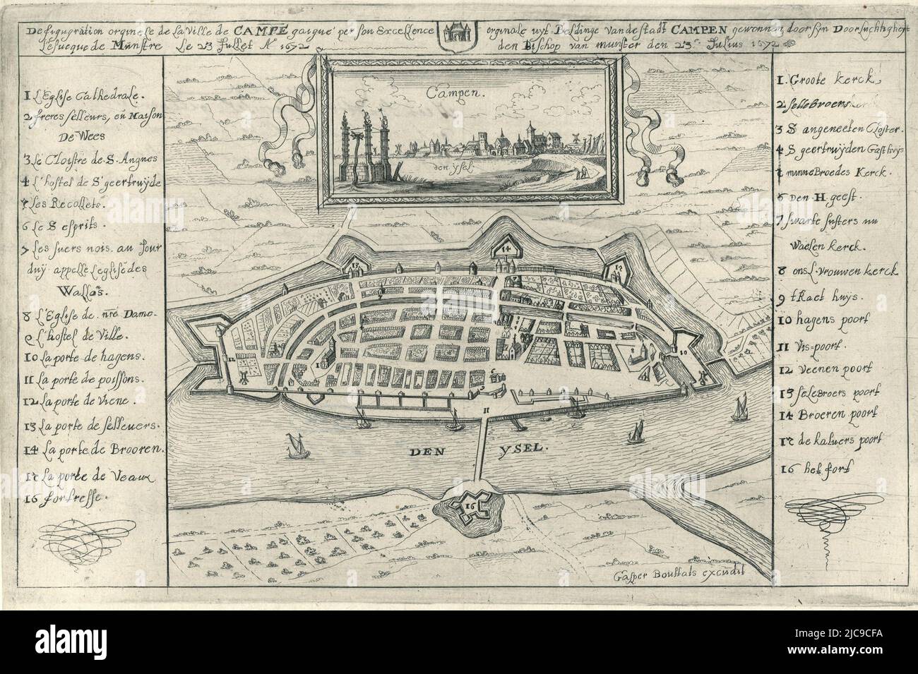 Carte et vue de la ville de Kampen, capturée par les troupes de l'évêque de  Munster le 23 juillet 1672. Cet imprimé fait partie d'un groupe de douze  imprimés, principalement gravés et