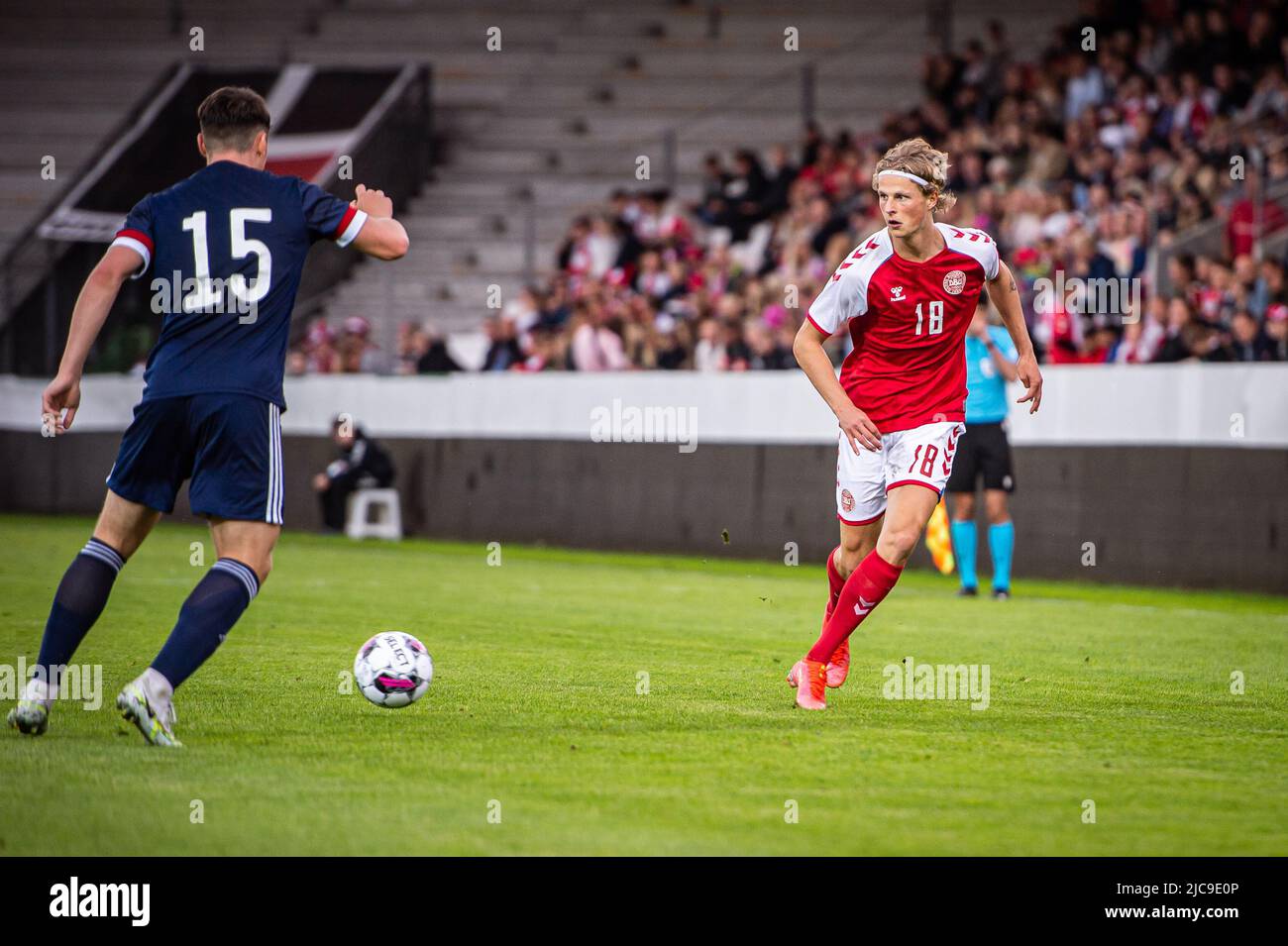 Vejle, Danemark. 10th juin 2022. Maurits Kjaergaard (18) du Danemark vu lors du match de qualification de U21 entre le Danemark et l'Écosse à Vejle Stadion à Vejle. (Crédit photo : Gonzales photo/Alamy Live News Banque D'Images