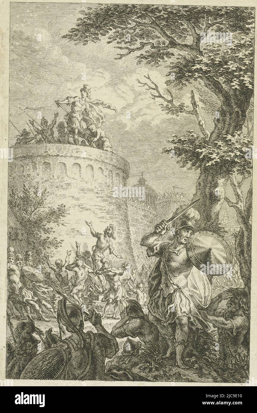 Un groupe de soldats regardent avec des bras levés un guerrier debout au-dessus d'un mur de ville. Au premier plan, un soldat avec une épée et un bouclier est entouré de deux soldats qui ont leurs mains jointes à leur tête. Cette impression a peut-être été faite pour la tragédie 'Artemine' (1745) par Lucretia Wilhelmina van Merken, soldats à un mur de ville, imprimeur: Simon Fokke, Amsterdam, 1745, papier, gravure, h 138 mm × l 86 mm Banque D'Images