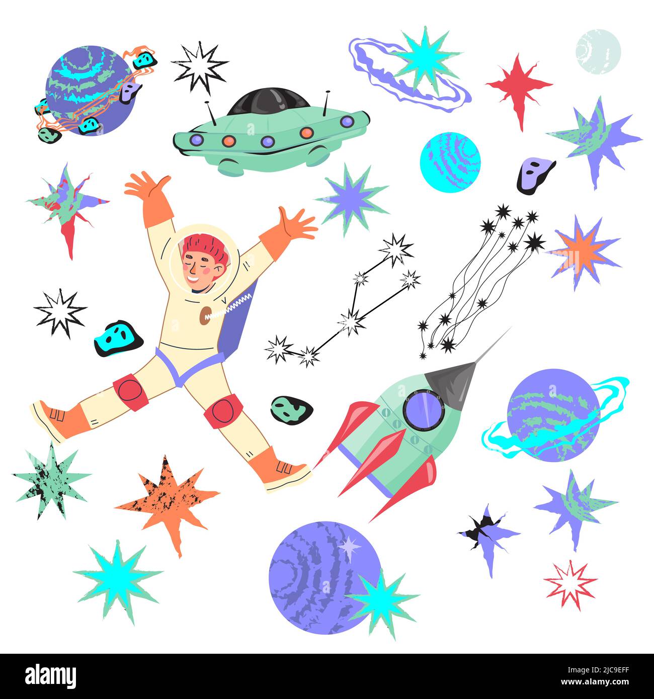 Icônes de l'espace avec l'astronaute drôle d'enfant dans l'espace avec fusée et OVNI et vaisseau spatial. Illustration de Vecteur
