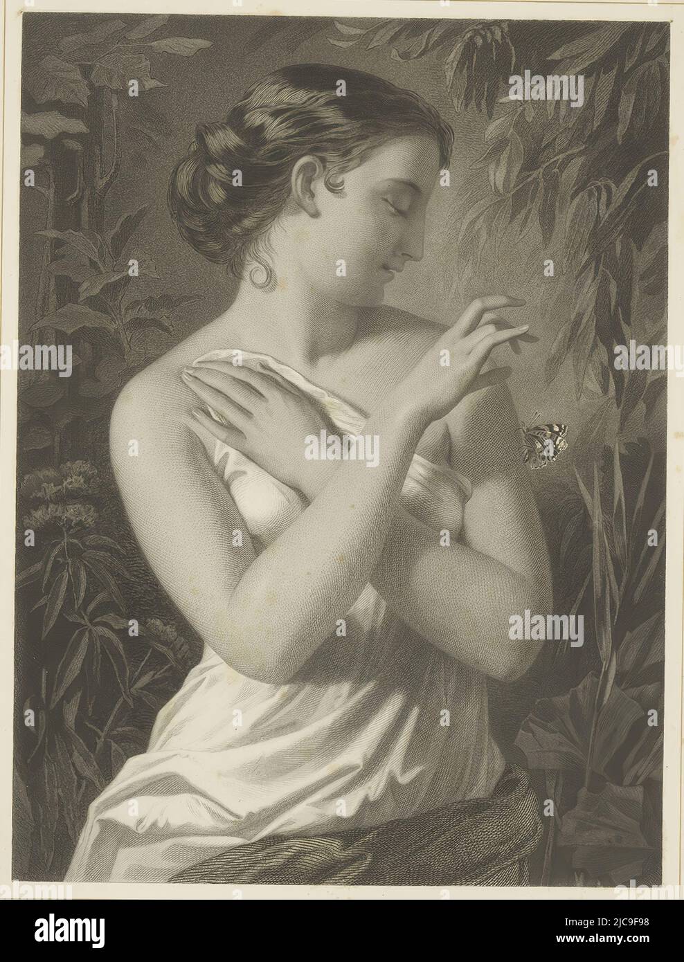 Fille avec un papillon Maedchen mit dem Schmetterling , imprimeur: Christoph Preisel, (mentionné sur l'objet), dessinateur intermédiaire: Richard L. Lauchert, (mentionné sur l'objet), éditeur: Piloty & Löhle, (mentionné sur l'objet), München, 1850 - 1859, papier, gravure en acier, h 437 mm - l 349 mm Banque D'Images