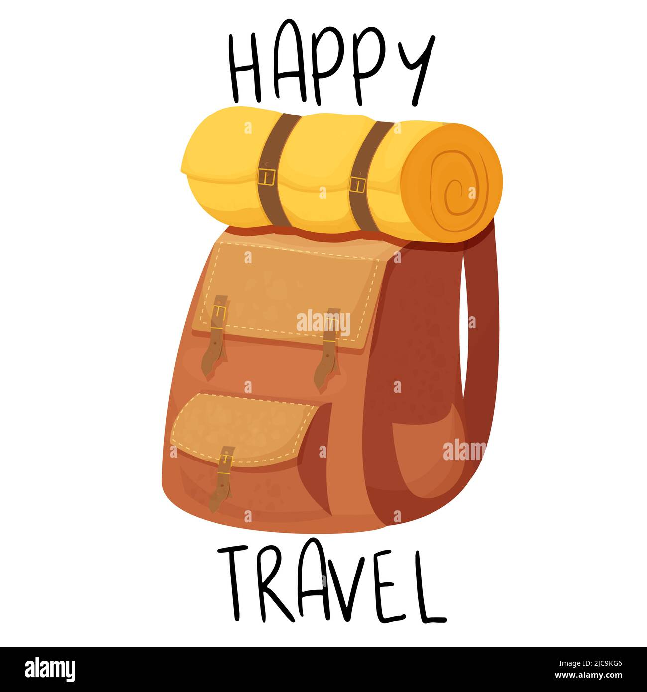 Sac à dos de camping, étiquette de sac à dos avec texte Happy Travel en style dessin animé isolé sur fond blanc. Sac d'activité, accessoire rétro. Équipement décontracté. Illustration vectorielle Illustration de Vecteur