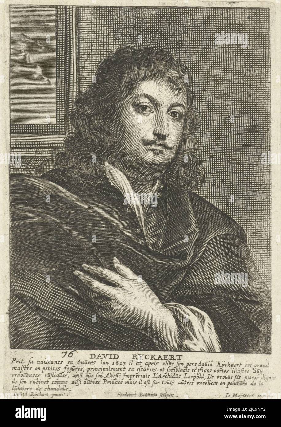 Autoportrait rectangulaire de David Rijckaert, peintre d'Anvers buste à droite l'imprimé a une légende française avec le nom de la personne représentée et quelques informations de fond, autoportrait de David Rijckaert, imprimeur: Frederik Bouttats (I), (mentionné sur l'objet), après: David Rijckaert (III), (mentionné sur objet), éditeur: Joannes Meyssens, (mentionné sur objet), Anvers, 1622 - 1676, papier, gravure, h 163 mm × l 111 mm Banque D'Images