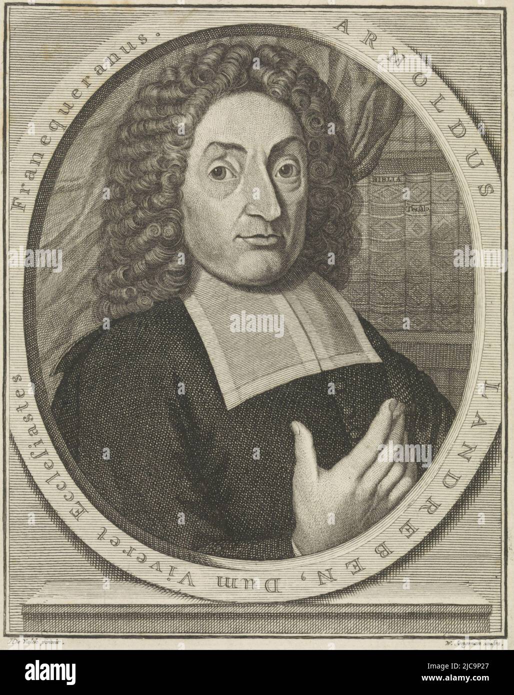 Portrait en buste du prédicateur Arnoldus Landreben avec du beaf il tient sa main droite en arrière-plan plusieurs livres le portrait est encadré dans un cadre ovale avec une inscription en bordure en latin, Portrait d'Arnoldus Landreben, imprimeur: Wouter Jongman, (mentionné sur l'objet), après: H. de Valck, (mentionné sur l'objet), Amsterdam, 1712 - 1744, papier, gravure, gravure, h 174 mm × l 140 mm Banque D'Images Portrait en buste du prédicateur Arnoldus Landreben avec du beaf il tient sa main droite en arrière-plan plusieurs livres le portrait est encadré dans un cadre ovale avec une inscription en bordure en latin, Portrait d'Arnoldus Landreben, imprimeur: Wouter Jongman, (mentionné sur l'objet), après: H. de Valck, (mentionné sur l'objet), Amsterdam, 1712 - 1744, papier, gravure, gravure, h 174 mm × l 140 mm Banque D'Images