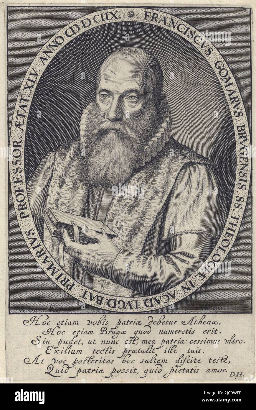 Portrait de Francis Gomarus dans un ovale le théologien est représenté à l'âge de 45 ans avec un livre avec lettrage latin et légende par Daniel Heinsius, Portrait de Franciscus Gomarus Franciscus Gomparus, imprimeur: Willem Isaacsz. Van Swanenburg, éditeur: Hendrick Hondius (I), Danisius Heinël, 1608, papier, gravure, h 223 mm - l 147 mm Banque D'Images