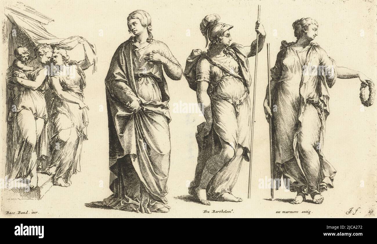À l'extrême gauche, un groupe de deux femmes, l'une tenant un enfant sur son bras a à côté d'elle une femme tenant sa jupe b au centre droit Minerva ?, c à l'extrême droite une statue qui pourrait représenter plusieurs figures, éventuellement une muse, Ou la déesse Flora, ou Laetitia publica d, trois statues de femmes et un groupe avec deux femmes et un enfant Paradigmata graphis variorum articicum , imprimerie: Jan de Bisschop, après: Baccio Bandinelli, (mentionné sur l'objet), Bartolommeo (FRA), (mentionné sur l'objet), 1668 - 1671, papier, gravure, h 135 mm × l 234 mm Banque D'Images À l'extrême gauche, un groupe de deux femmes, l'une tenant un enfant sur son bras a à côté d'elle une femme tenant sa jupe b au centre droit Minerva ?, c à l'extrême droite une statue qui pourrait représenter plusieurs figures, éventuellement une muse, Ou la déesse Flora, ou Laetitia publica d, trois statues de femmes et un groupe avec deux femmes et un enfant Paradigmata graphis variorum articicum , imprimerie: Jan de Bisschop, après: Baccio Bandinelli, (mentionné sur l'objet), Bartolommeo (FRA), (mentionné sur l'objet), 1668 - 1671, papier, gravure, h 135 mm × l 234 mm Banque D'Images