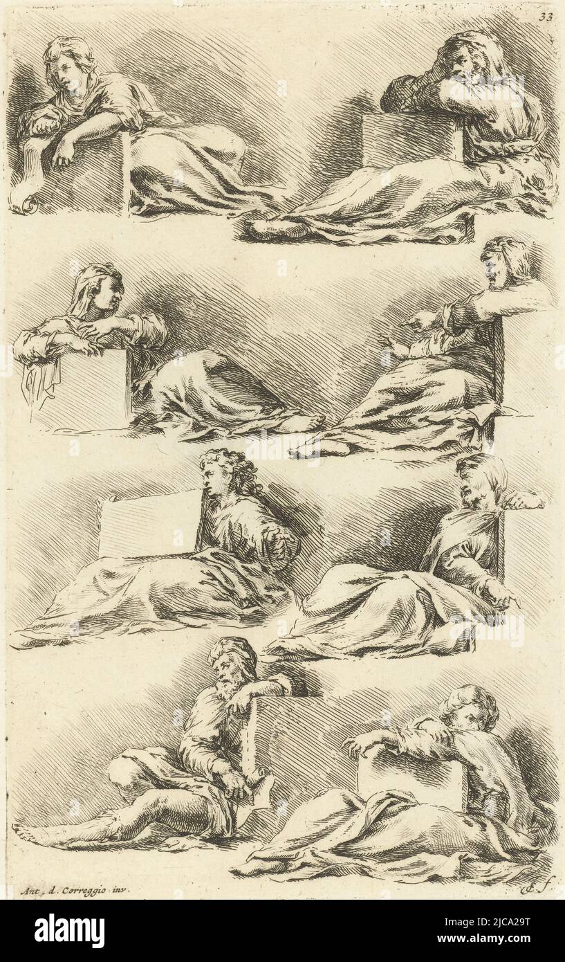 Huit prophètes et sibyles assis et inclinés avec des comprimés de pierre dans diverses poses, huit prophètes et sibyles Paradigmata graphices variorum articicum , imprimerie: Jan de Bisschop, (mentionné sur l'objet), Correggio, (mentionné sur l'objet), Corregio, (Attribué à), pays-Bas du Nord, 1668 - 1671, papier, gravure, h 222 mm × l 138 mm Banque D'Images