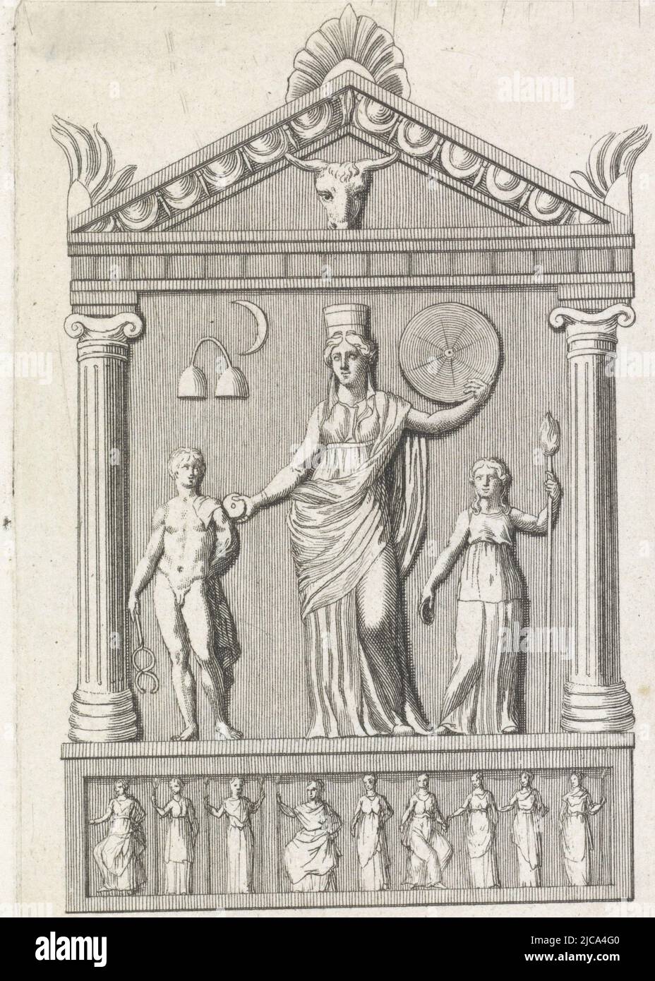 Pierre d'autel avec la déesse Cybele au centre à gauche le dieu Mercure à droite une déesse au fond une frise avec des figures féminines, autel à Cybele, imprimeur: Anonyme, 1800 - 1900, papier, gravure, h 128 mm × l 90 mm Banque D'Images