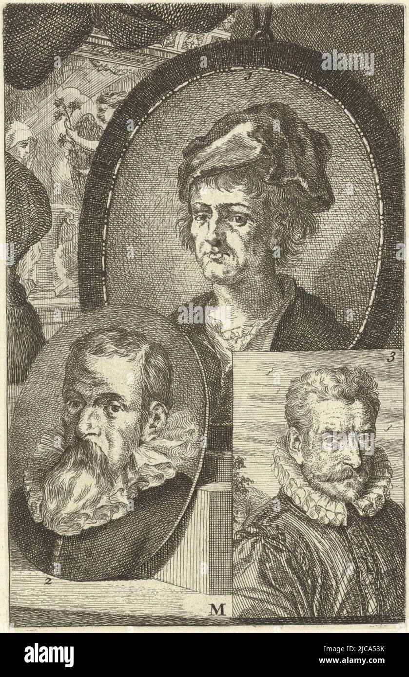 Trois portraits d'artistes numérotés Portrait de Jan Joest van Calcar n° 1, Christoffel Zverrues n° 2 et Philips Galle n° 3 imprimé au milieu inférieur : m, Portraits de Jan Joest van Calcar, Christoffel Zverrues et Philips Galle, imprimerie : Jan l'amiral, (mentionné sur l'objet), 1764, papier, gravure, h 160 mm × l 102 mm Banque D'Images