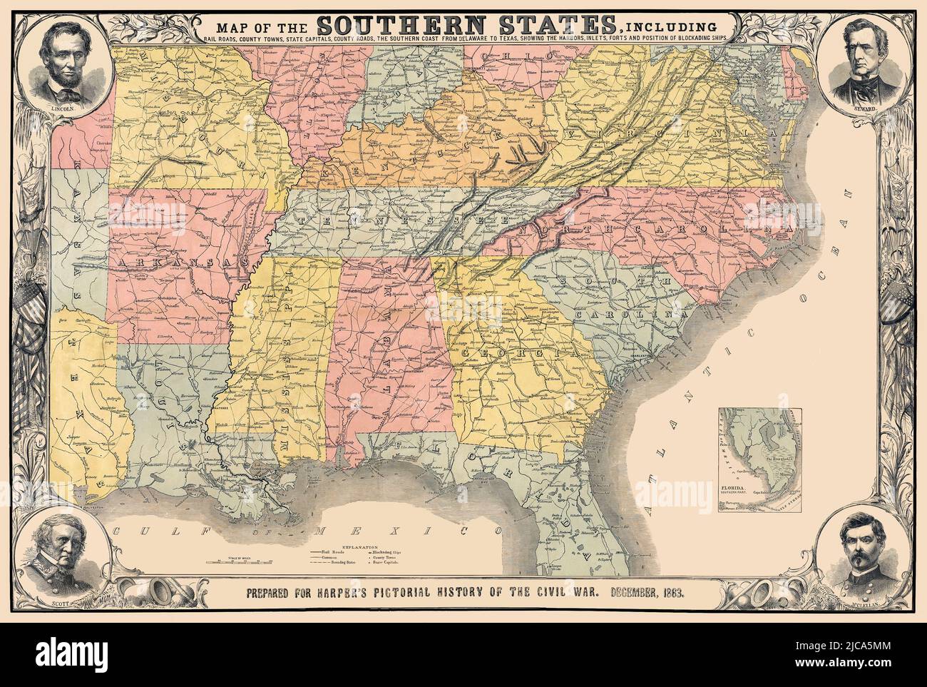 États du Sud carte 1863. Titre original: 'map of the Southern States, including Rail Roads, County Towns, State Capitals, Country Roads, La côte sud du Delaware au Texas, montrant les ports, les anses, les forts et les positions des navires à blocus. Publiée en 1863, la carte montre les États confédérés sans nommer la Confédération. Il donne des détails historiques importants, y compris les chemins de fer et le blocus naval. Les médaillons de chaque coin offrent des portraits de joueurs clés du côté de l'Union. Banque D'Images