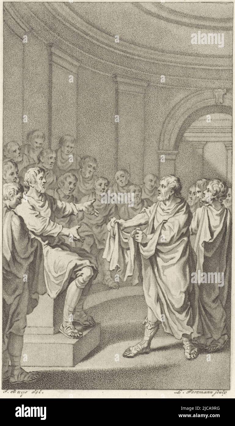 Le général romain Quintus Fabius Maximus Cunctator le Doubter fait choisir le conseil de Carthage entre la guerre ou la paix il montre les plis dans sa tola, Quintus Fabius Maximus devant le conseil de Carthage les envoyés romains au conseil de Carthage , imprimerie: Ludwig Gottlieb Portman, (mentionné sur l'objet), rapporteur pour avis intermédiaire: Jacobus Buys, (mentionné sur l'objet), Amsterdam, 1795, papier, h 209 mm × l 123 mm Banque D'Images