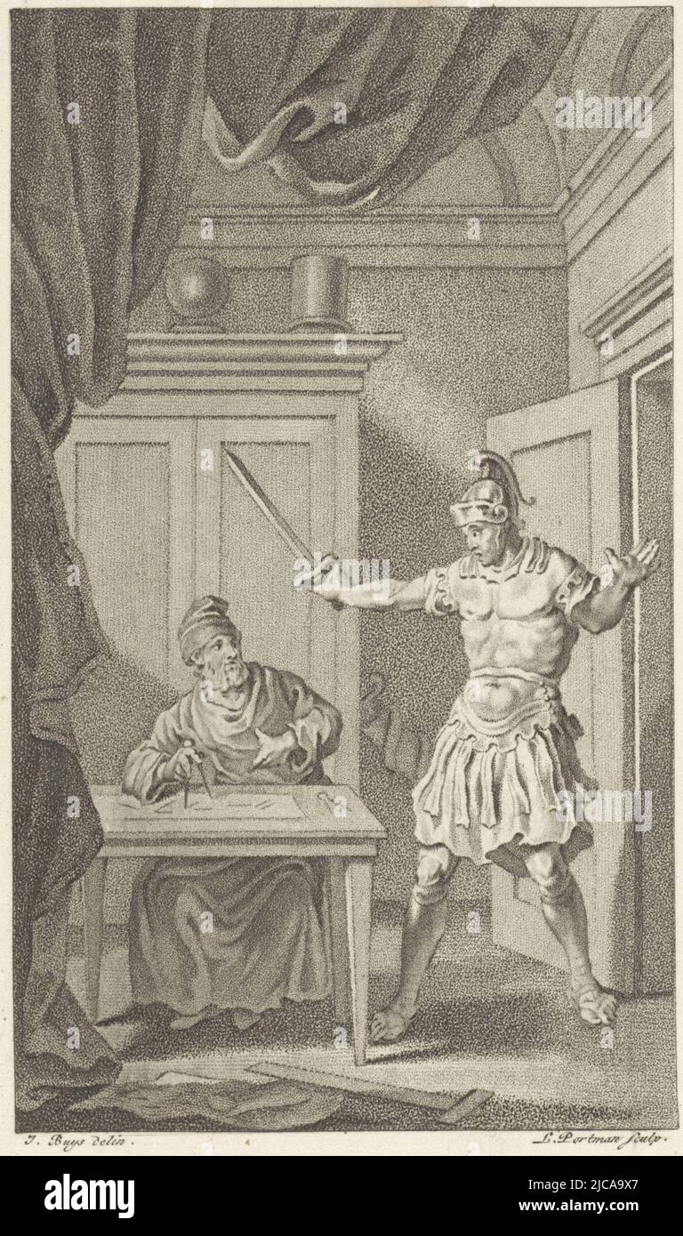 A la capture de Syracuse, Archimedes est tué par un soldat romain Archimes est assis dans sa salle d'étude, dessinant un cercle mathématique le soldat romain qui entre dans la salle le tue avec son épée, mort d'Archimedes la mort d'Archimedes , imprimerie : Ludwig Gottlieb Portman, (mentionné sur l'objet), rapporteur pour avis intermédiaire: Jacobus Buys, (mentionné sur l'objet), Amsterdam, 1795, papier, gravure, h 213 mm × l 121 mm Banque D'Images