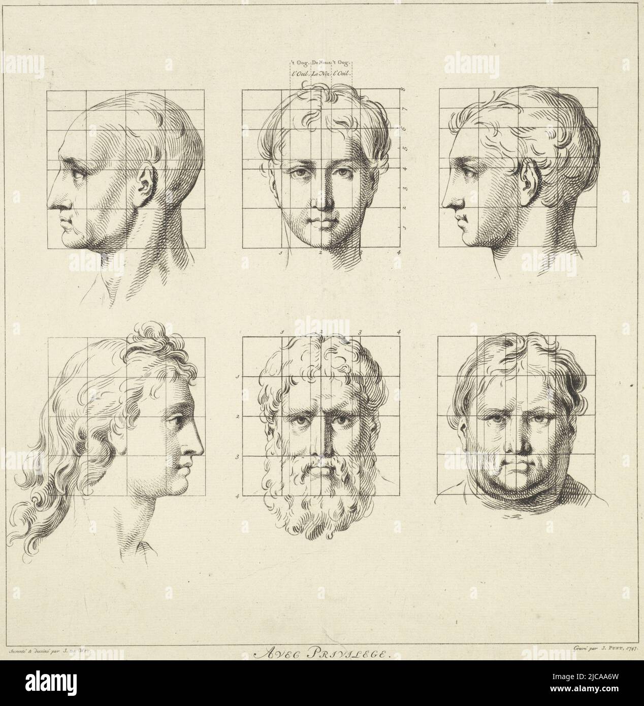 Études de proportion de la tête d'un homme Livre de proportions du corps d'un homme proportions du corps humain , imprimerie: Jan Punt, (mentionné sur l'objet), rapporteur pour avis intermédiaire: Jacob de Wit, (mentionné sur l'objet), inconnu, (mentionné sur l'objet), Amsterdam, 1747, papier, gravure, gravure, h 371 mm × l 364 mm Banque D'Images
