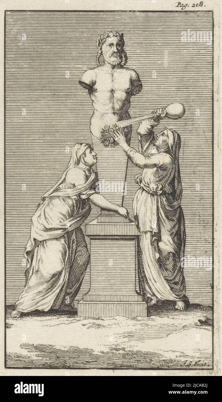 Deux femmes adorées à la statue du Dieu de la fertilité Priapus Imprimer en haut à droite: Pag 218, femmes adorant l'image de Priapus, imprimeur: Jacobus Schijnvoet, (mentionné sur l'objet), Amsterdam, 1713, papier, gravure, h 159 mm × l 95 mm Banque D'Images