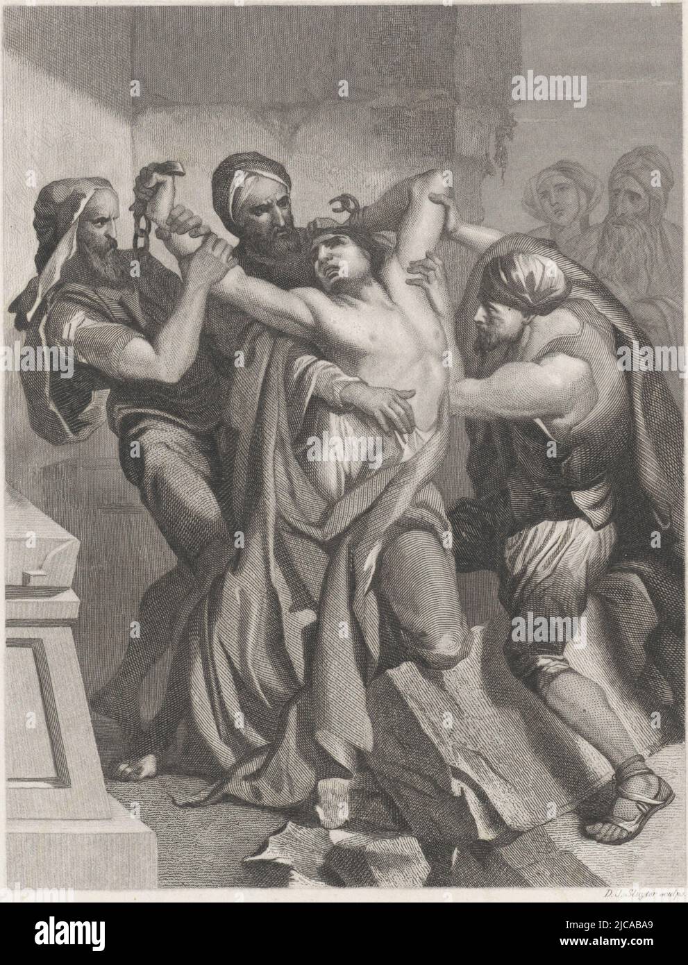 Trois hommes tentent de retenir le fou, qui a cassé ses chaînes en arrière-plan un vieil homme et une femme regardent Mark 5:4, la guérison de la possédée dans le pays des Gerasènes brisant les chaînes de la possédée, imprimeur: Dirk Jurriaan Sluyter, (mentionné sur l'objet), éditeur: H.C.A. Campagne, (mentionné sur l'objet), imprimerie: Amsterdam, éditeur: Tiel, 1863 - 1866, papier, gravure, gravure en acier, h 240 mm × l 184 mm Banque D'Images