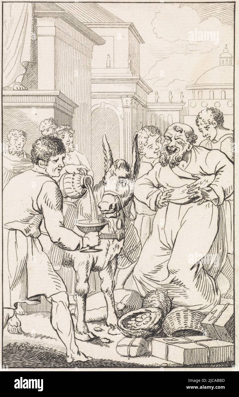 Un homme verse du vin dans une carafe à donner à un âne pour boire à côté d'elle un homme qui rit et plusieurs passants en bas à droite: Page 89 en bas à gauche: Antique Heli en haut à droite: PL IV, Figures près d'un âne Philemon a eu l'idée de lui donner une bouteille de vin avec elle , imprimerie: Daniël Veelwaard (I), (mentionné sur objet), dessinateur intermédiaire: Jacob Smies, (mentionné sur objet), Amsterdam, 1803, papier, gravure, h 189 mm × l 110 mm Banque D'Images