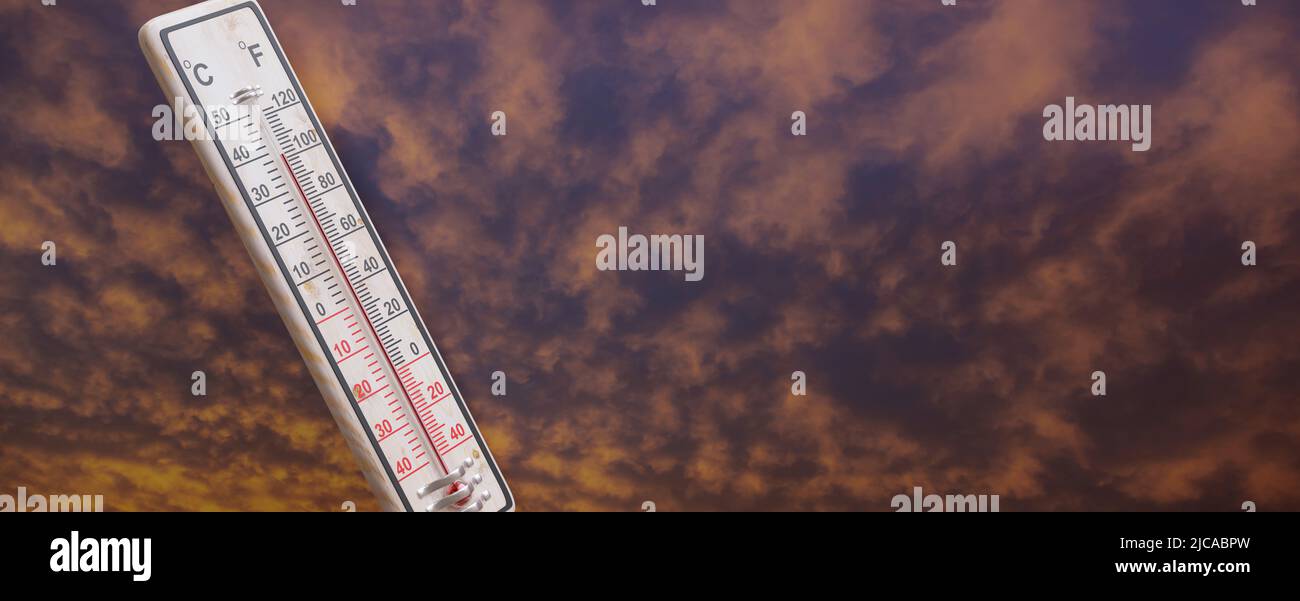 Température extérieure élevée, temps désertique chaud, danger de chaleur. Thermomètre atteignant 40 degrés Celsius sur fond ciel rouge nuageux, bannière. 3d fin Banque D'Images
