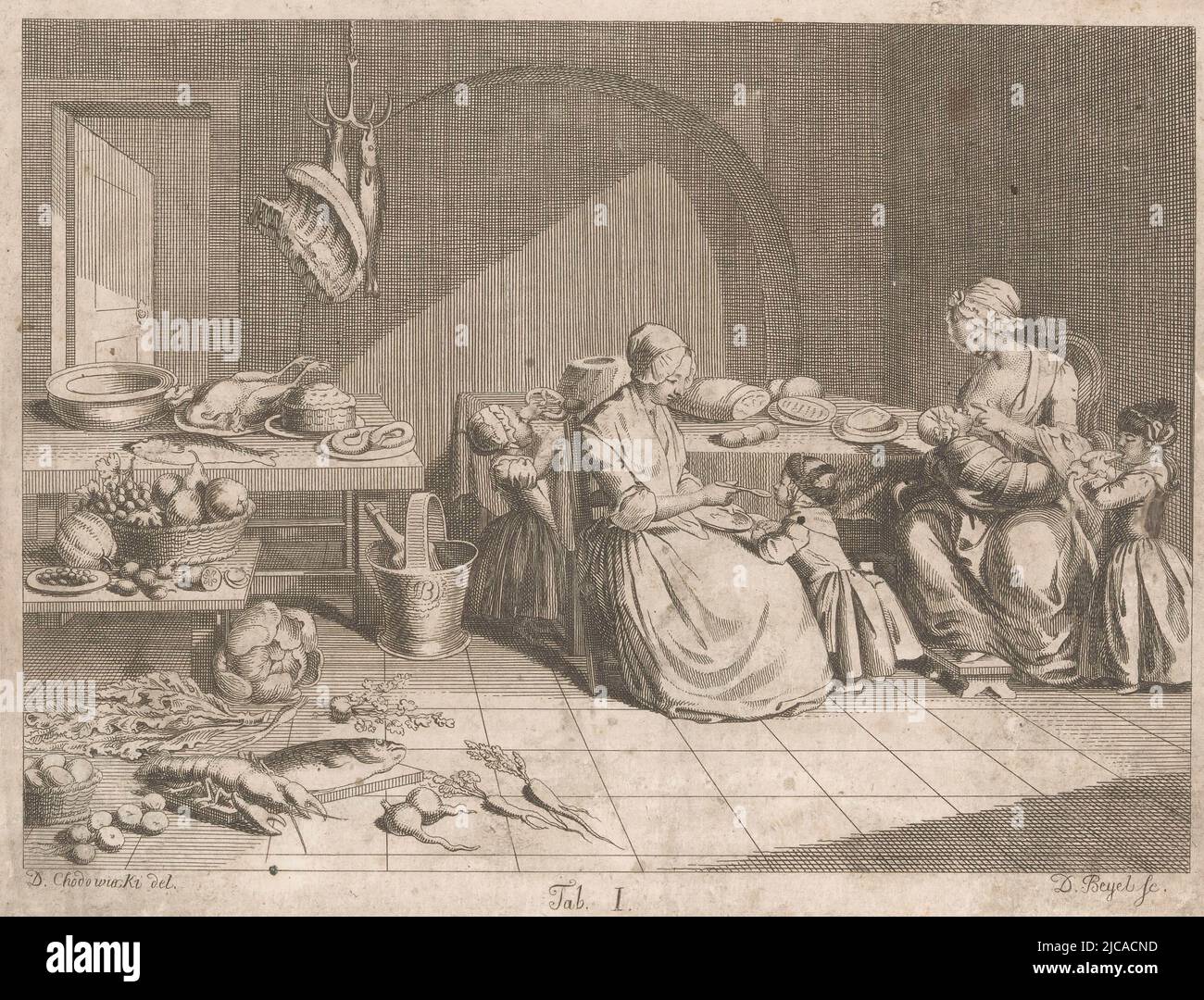 Numéro bas centre: Onglet I, deux femmes avec des enfants dans une cuisine remplie de nourriture, imprimeur: Daniel Beyel, (mentionné sur l'objet), Johann David Schleuen (I), (peut-être), dessinateur intermédiaire: Daniel Nikolaus Chodowiecki, (mentionné sur l'objet), München, (peut-être), 1785 - 1823, papier, gravure, h 184 mm - l 233 mm Banque D'Images