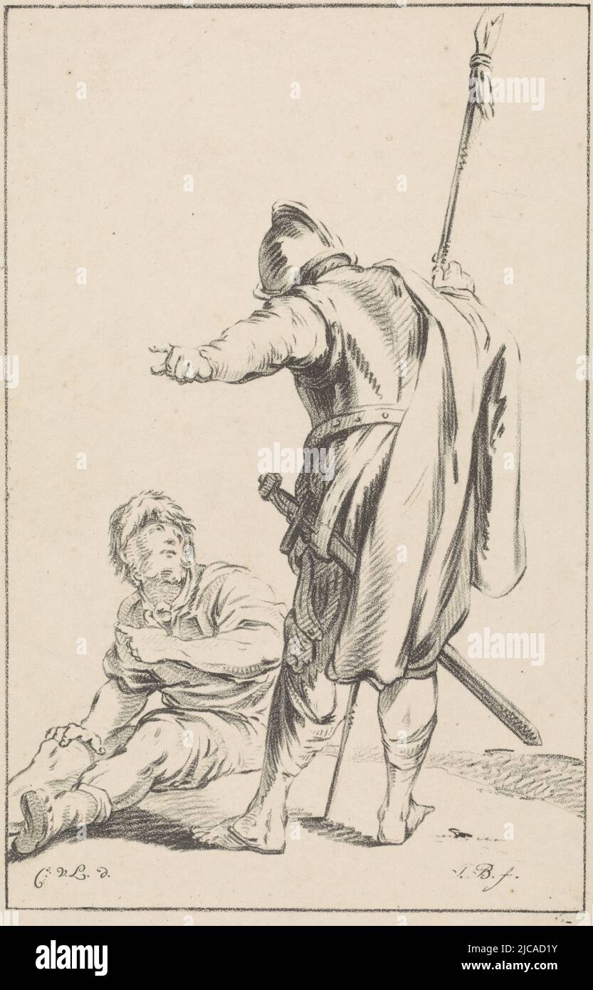 Le soldat, vu de derrière, se tient légèrement chassés dans sa main droite, il tient une lance, avec son bras gauche il pointe vers la gauche, il porte une épée sur sa ceinture en dessous de lui, Un homme est allongé sur le sol, il regarde le soldat et pointe dans une direction différente, soldat et assis, imprimeur: Joannes Bemme, (mentionné sur l'objet), Monogrammiste CVL., (mentionné sur l'objet), Cornelis Saftleven, (Attribué à), pays-Bas, 1809 - 1841, papier, h 340 mm × l 240 mm Banque D'Images