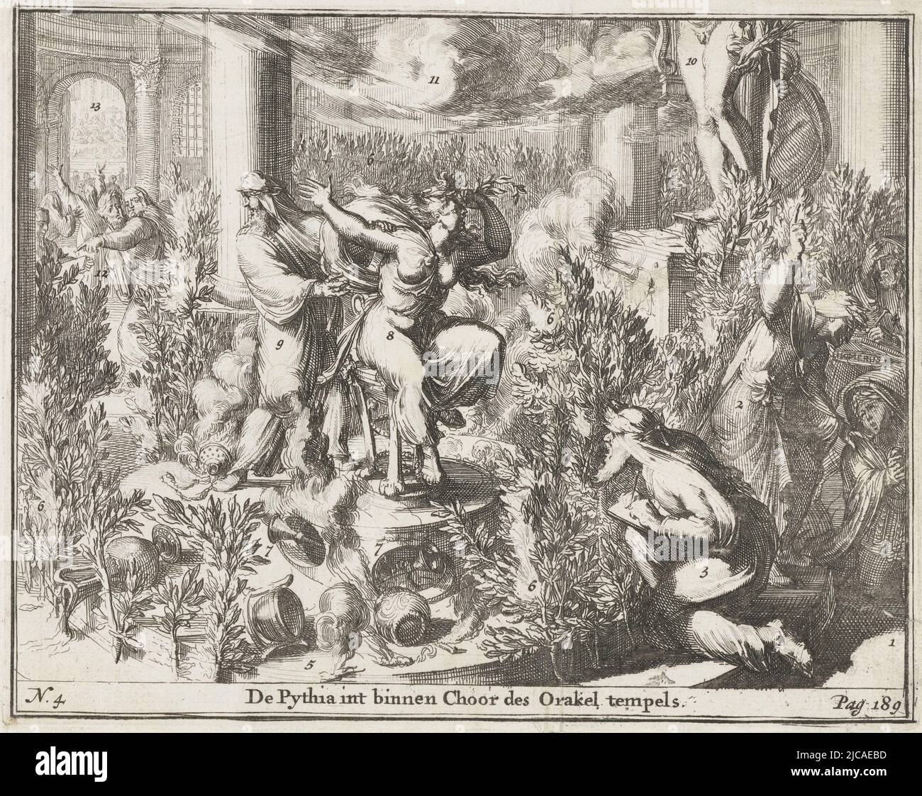 La prêtresse Pythia dans le temple de Delphes avec des nombres à des éléments dans l'image se référant au texte dans le livre, la prêtresse Pythia dans le temple de Delphes la Pythia dans les temples de Choir des Orakel , imprimerie: Romeyn de Hooghe, (attribué à), Romeyn de Hooghe, (attribué à), pays-Bas, 1687, papier, gravure, h 142 mm × l 181 mm Banque D'Images