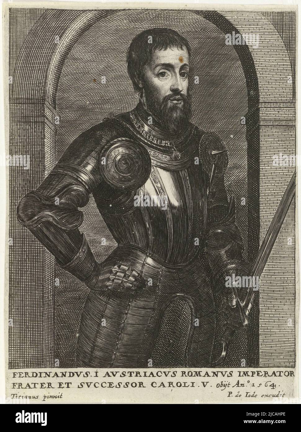 Portrait de Ferdinand I de Habsbourg, en demi-soi il porte une armure et tient une épée dans sa main gauche en marge une légende de deux lignes en latin, Portrait de Ferdinand I de Habsbourg, Théâtre empereur des évêques, empereurs, rois, ducs, princes, Etc Theatrum pontificum, imperatorum, regum, ducum, principum, Etc , éditeur: Pieter de Jode (II), (mentionné sur l'objet), imprimeur: Anonyme, après: Titiaan, (mentionné sur l'objet), Anvers, 1628 - 1670, papier, gravure, gravure, h 166 mm × l 122 mm Banque D'Images