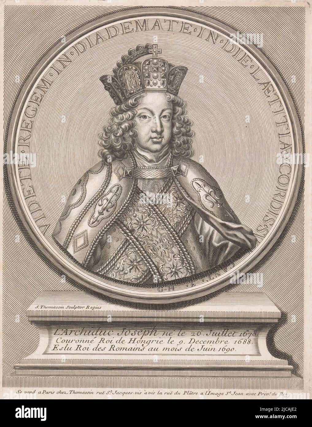 Portrait d'un empereur couronné Joseph I sur une médaille, imprimerie: Simon Thomassin, (mentionné sur l'objet), éditeur: Simon Thomassin, (mentionné sur l'objet), Franse kroon, (Mentionné sur l'objet), imprimerie: France, éditeur: Paris, France, 1665 - 1733, papier, gravure, h 234 mm × l 186 mm Banque D'Images