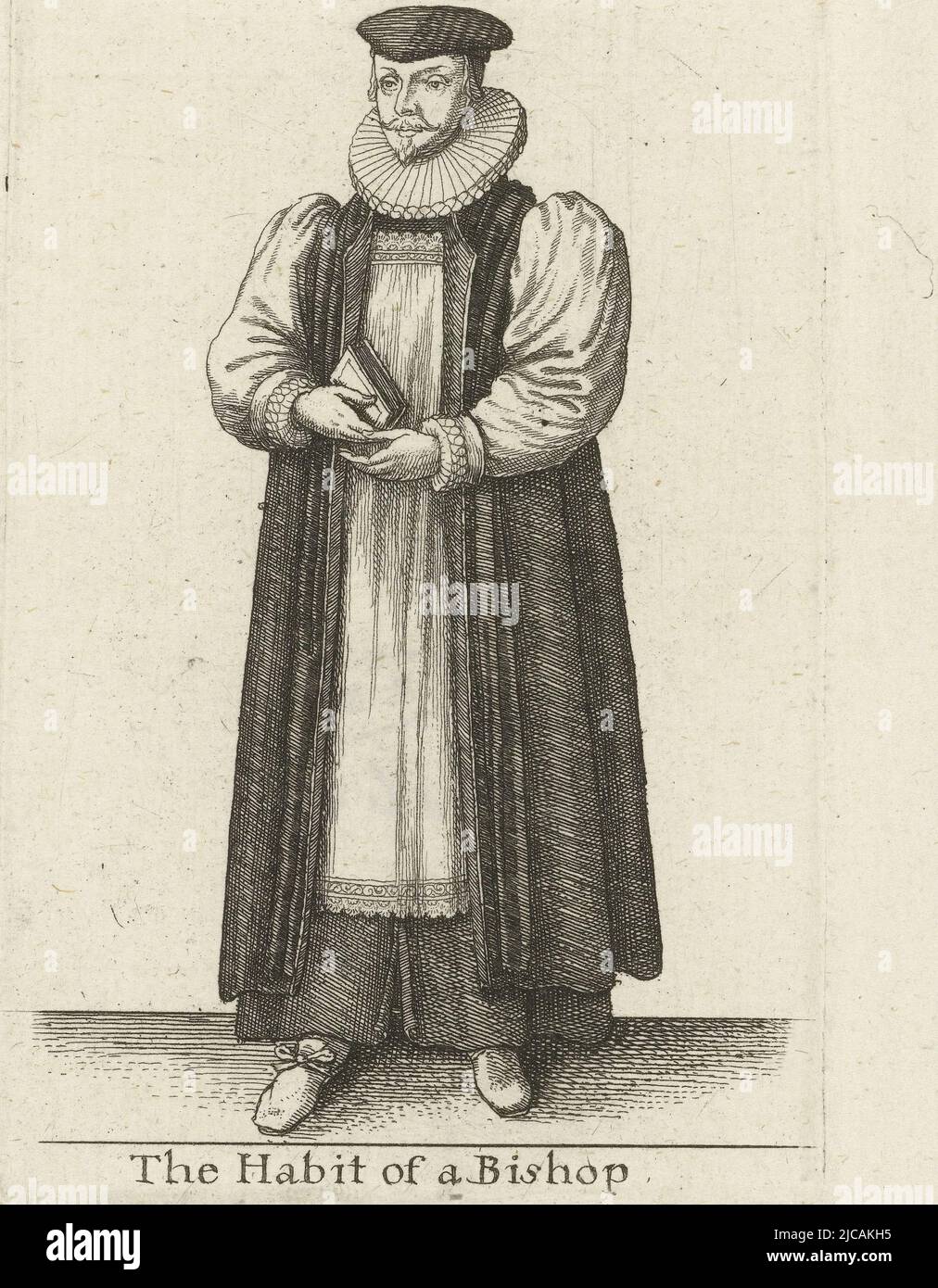 Tenue de cérémonie d'un évêque anglais William Laud, archevêque de Canterbury, en tenue de cérémonie l'habitude d'un évêque robe de cérémonie de la noblesse anglaise , imprimerie: Venceslaus Holar, 1617 - 1677 et/ou 1662, papier, gravure, h 114 mm × l 73 mm Banque D'Images