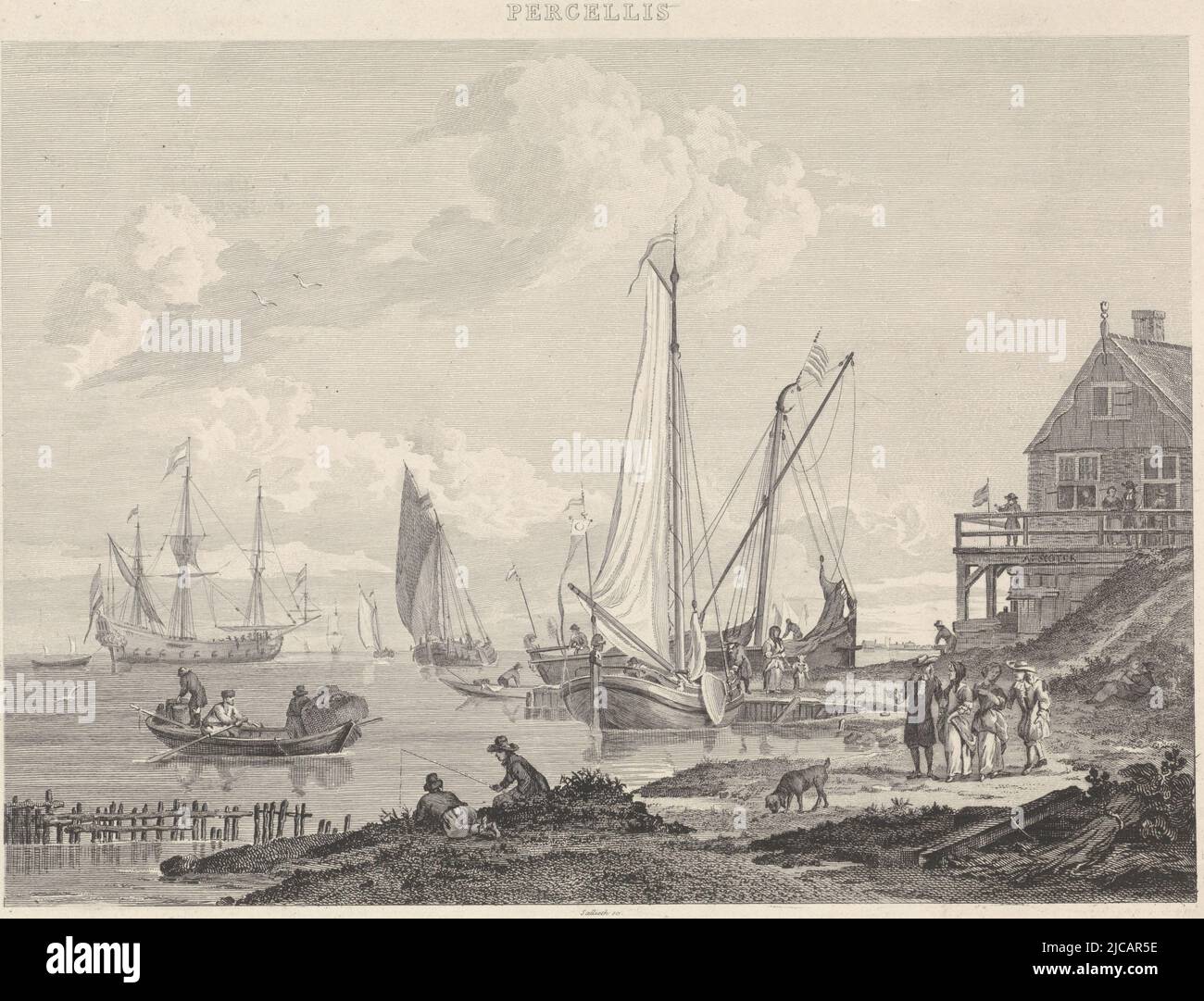 Vue sur la rivière avec plusieurs bateaux sur la banque sont des figures de promenade et une auberge, vue sur la rivière avec des bateaux, imprimerie: Mathias de Sallieth, (mentionné sur l'objet), après: Abraham Storck, (mentionné sur l'objet), Jan Porcellis, (mentionné sur l'objet), 1764 - 1791, papier, gravure, h 204 mm × l 260 mm Banque D'Images