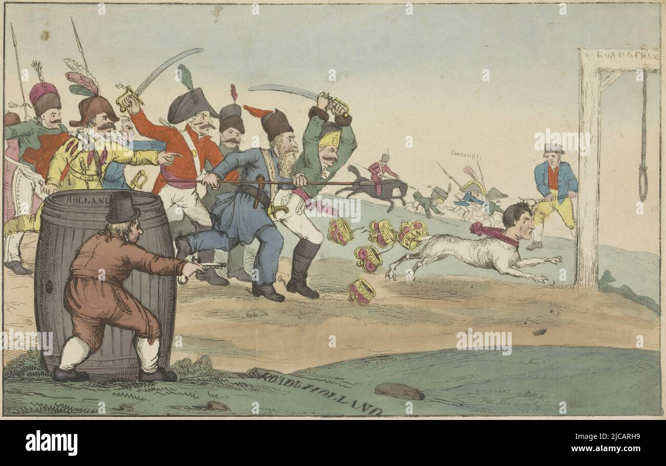 Caricature de Napoléon après sa perte à la bataille de Leipzig, 1813 Napoléon en tant que chien fou est chassé par les alliés: Hussar prussien, cosaque russe, Espagnol, Dutchman et d'autres Napoléon choisit la route de retour vers la France où un gailard l'attend le Dutchman est caché derrière un gros baril et pointe son fusil au chien en courant, Napoléon perd les couronnes de France, Rome, Italie, Espagne et Hollande, Napoléon comme un chien de Mad, 1813 le chien Mad Corse ou la situation Hopefull du destroyer de la Speice humaine , imprimerie: William Heath, éditeur: Samuel W. Fores, (mentionné ci-dessus Banque D'Images