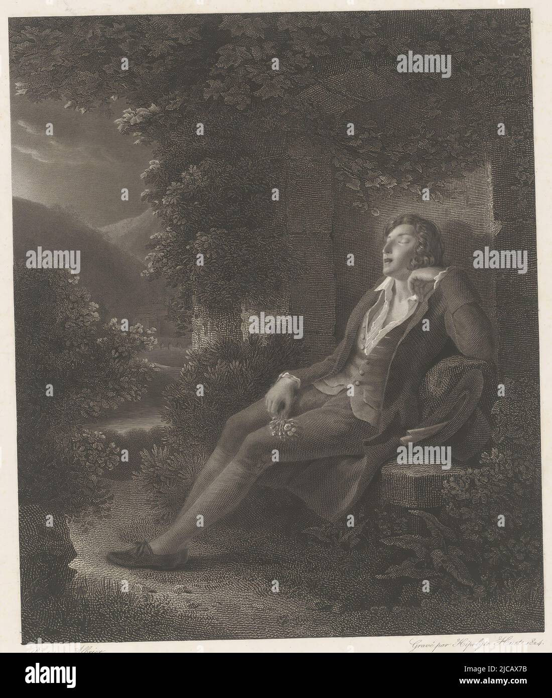Portrait de Jean-Jacques Rousseau, assis dans un jardin JJ Rousseau a l'ge de 22 ans , imprimerie: Hippolyte Huet, (mentionné sur l'objet), après: Joseph Albrier, (mentionné sur l'objet), imprimeur: Chardon fils, (Mentionné sur l'objet), Paris, 1824, papier, gravure, gravure, h 438 mm - l 351 mm Banque D'Images