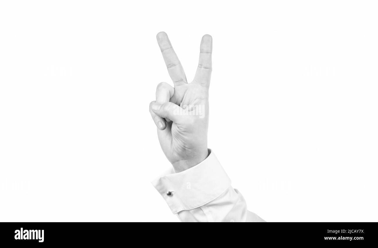 geste de paix de la main mâle isolée sur fond blanc, gestuelle Banque D'Images