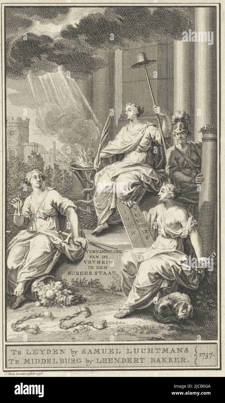 Liberty regarde le ciel, tenant une branche de palmier et le chapeau de liberté sur un bâton derrière son cheveu force les rayons Heavenly brillent sur l'autel, autour duquel un serpent se fait tourner à droite, La fidélité est assise avec les tablettes de la loi dans son tour à ses pieds se trouve un chien sur la gauche Justice est assis près d'une corne de beaucoup de représentation allégorique avec la liberté page titre pour: Traité de vryheit dans den burgerstaet, 1737, imprimerie: Jan Punt, (mentionné sur l'objet), Jan Punt, (mentionné sur l'objet), éditeur: Samuel Luchtmans (I), (mentionné sur l'objet), imprimeur: Amsterdam, éditeur: Leiden Banque D'Images Liberty regarde le ciel, tenant une branche de palmier et le chapeau de liberté sur un bâton derrière son cheveu force les rayons Heavenly brillent sur l'autel, autour duquel un serpent se fait tourner à droite, La fidélité est assise avec les tablettes de la loi dans son tour à ses pieds se trouve un chien sur la gauche Justice est assis près d'une corne de beaucoup de représentation allégorique avec la liberté page titre pour: Traité de vryheit dans den burgerstaet, 1737, imprimerie: Jan Punt, (mentionné sur l'objet), Jan Punt, (mentionné sur l'objet), éditeur: Samuel Luchtmans (I), (mentionné sur l'objet), imprimeur: Amsterdam, éditeur: Leiden Banque D'Images