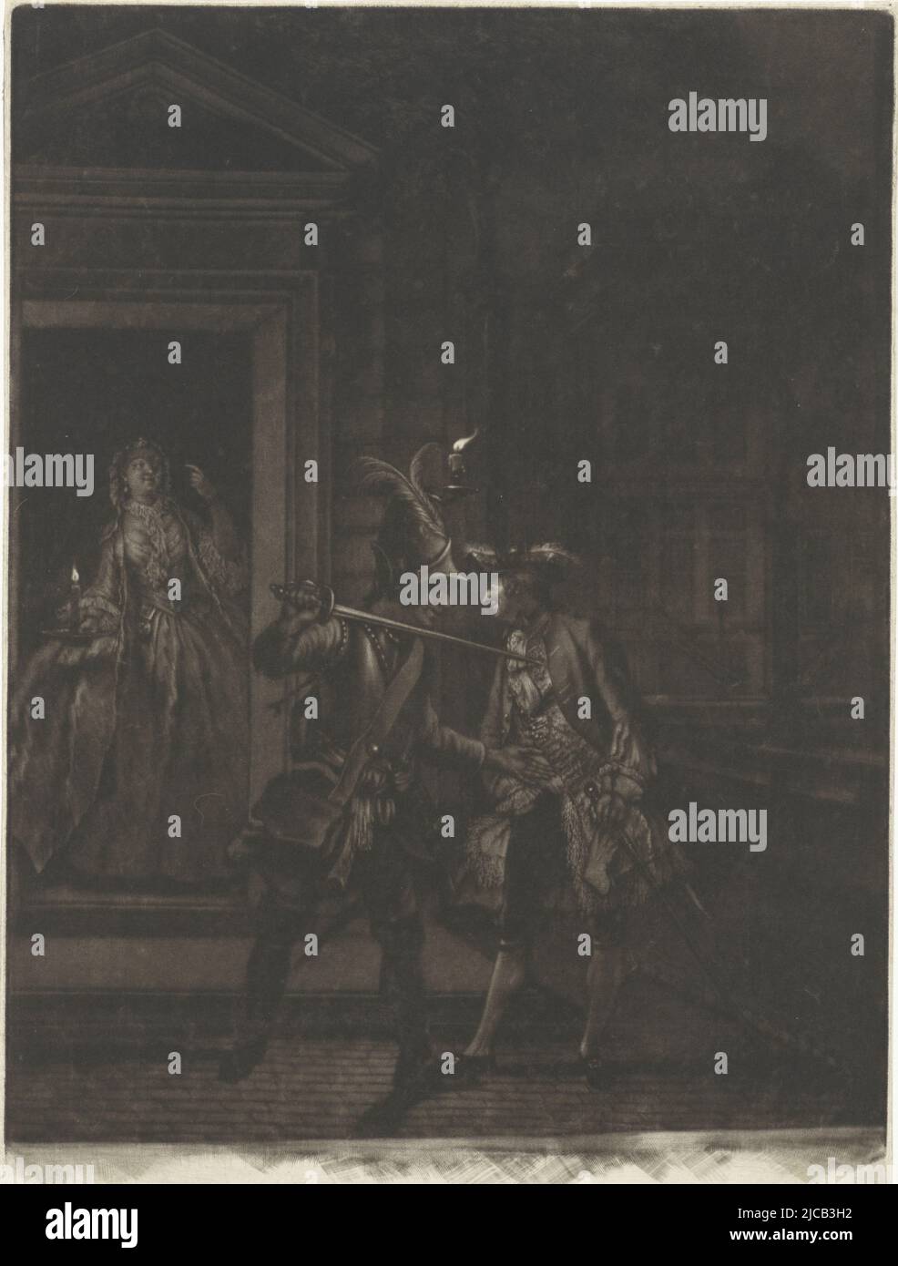 Un gardien demande à un jeune homme Godefroy, qui visite secrètement son amant Sybille dans la nuit, Pour de l'argent le jeune homme met sa main dans sa poche la scène de corruption du deuxième acte de la comédie 'Hopman Ulrich ou la tromperie' par Johan van Paffenrode 1661 dans la comédie, le personnage misly Ulrich est triché par sa femme Sybille, Bien qu'elle ait gardé son amant Godefroy pots-de-vin la garde, Hopman Ulrich ou l'avarice trompé: Le pot-de-vin, imprimeur: Cornelis Ploos van Amstel, dessinateur intermédiaire: Cornelis Troost, Amsterdam, 1759, papier, h 333 mm × l 228 mm Banque D'Images