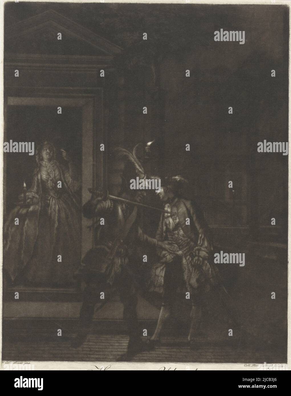 Un gardien demande à un jeune homme Godefroy, qui visite secrètement son amant Sybille dans la nuit, Pour de l'argent le jeune homme met sa main dans sa poche la scène de corruption du deuxième acte de la comédie 'Hopman Ulrich ou la tromperie' par Johan van Paffenrode 1661 dans la comédie, le personnage misly Ulrich est triché par sa femme Sybille, Bien qu'elle ait gardé son amant Godefroy pots-de-vin la garde, Hopman Ulrich ou le trompé avarice: Le pot-de-vin Hopman Ulrich , imprimeur: Cornelis Ploos van Amstel, (mentionné sur l'objet), dessinateur intermédiaire: Cornelis Troost, (mentionné sur l'objet Banque D'Images