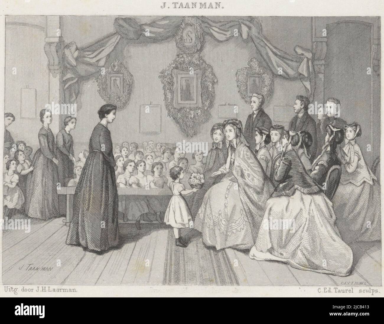 La reine Sophia reçoit un bouquet de fleurs d'un enfant lors de sa visite à l'école d'embarquement de Sophia à Kerkstraat, Amsterdam, 25 avril 1867, la reine Sophia visitant l'école d'embarquement de Sophia à Amsterdam, 1867, imprimeur: Edouard Taurel, (mentionné sur objet), Jacob Taanman, (mentionné sur objet), éditeur: J.H. Laarman, (mentionné sur l'objet), pays-Bas, 1867 - 1868, papier, gravure en acier, h 102 mm - l 158 mm Banque D'Images