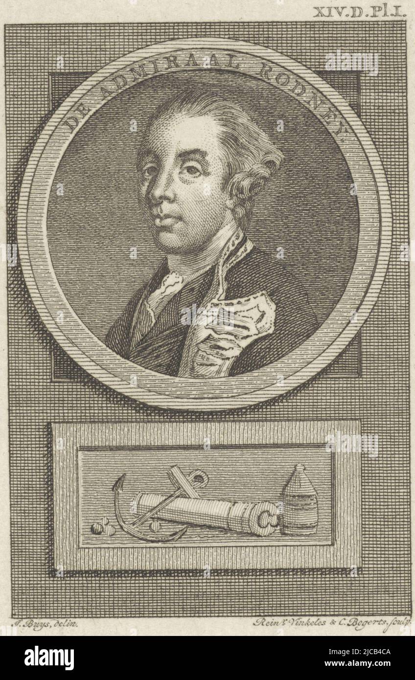 Portrait de George Brydges, Baron Rodney, amiral de la flotte anglaise sous le portrait un ancre, un canon et un canon en bois Haut à droite: XIVDPLI, Portrait de George Brydges, Baron Rodney, imprimeur: Reinier Vinkeles (I), (mentionné sur l'objet), imprimeur: Cornelis Bogerts, (mentionné sur l'objet), dessinateur intermédiaire: Jacobus achète, (mentionné sur l'objet), Amsterdam, 1783 - 1795, papier, gravure, gravure, h 102 mm × l 75 mm Banque D'Images