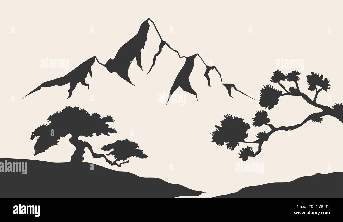 Illustration vectorielle des arbres de montagne et tropicaux. Contours des montagnes gravure illustration vectorielle, dessin à la main, esquisse. Noir et blanc de montagne Illustration de Vecteur