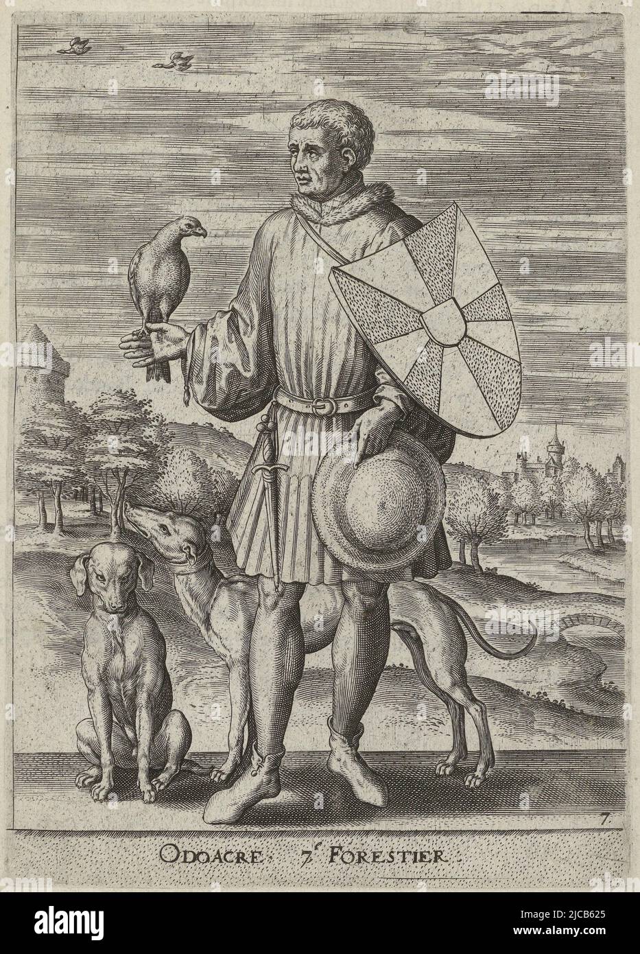 Odaker, le septième avant-poste de Flandre, en robe de chasse il porte  l'ancien manteau d'armes de Flandre à côté de lui deux chiens de chasse  l'imprimé est une illustration d'un livre sur
