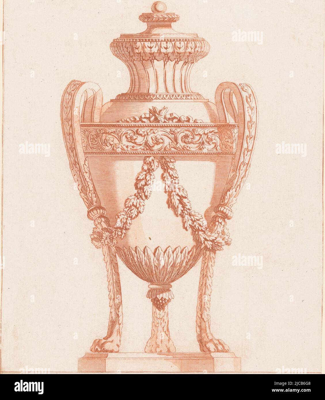 Vase ornementé avec guirlandes, motifs floraux et poignées debout sur trois pieds de lion, vase avec pieds de lion IIeme [IIIeme] Cahier de vases , imprimerie: L. Laurent, (mentionné sur l'objet), Jean François quarante, (mentionné sur l'objet), éditeur: François Xavier Isabey, Paris, 1775 - 1785, papier, gravure, gravure, h 282 mm × l 199 mm Banque D'Images