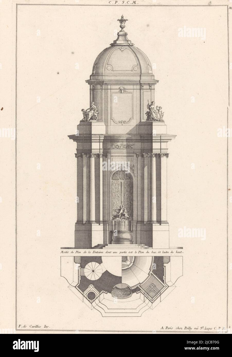 Conception et plan d'une fontaine avec un dôme et un putti, au sommet deux femmes assises avec putti, Fontaine avec femmes et putti Fontaines 12me Livre M Livre de Fontaines , imprimerie : Unknown, (mentionné sur objet), François de Cuvilliés (Sr.), (mentionné sur objet), François de Cuvilliés (Sr.), Allemagne, München, Paris, 1745, papier, gravure, gravure, h 362 mm × l 236 mm Banque D'Images