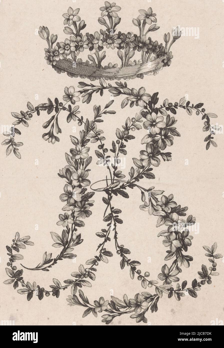 Lettres décoratives B et X de tendrils floraux au-dessus d'une couronne, lettres BX Ier Cahier de mouffres , imprimerie: Etienne Claude Voytard, (mentionné sur objet), Pierre Ranson, (mentionné sur objet), éditeur: Jacques-François Chéreau, Paris, 1768 - 1786, papier, gravure, h 331 mm × l 238 mm Banque D'Images