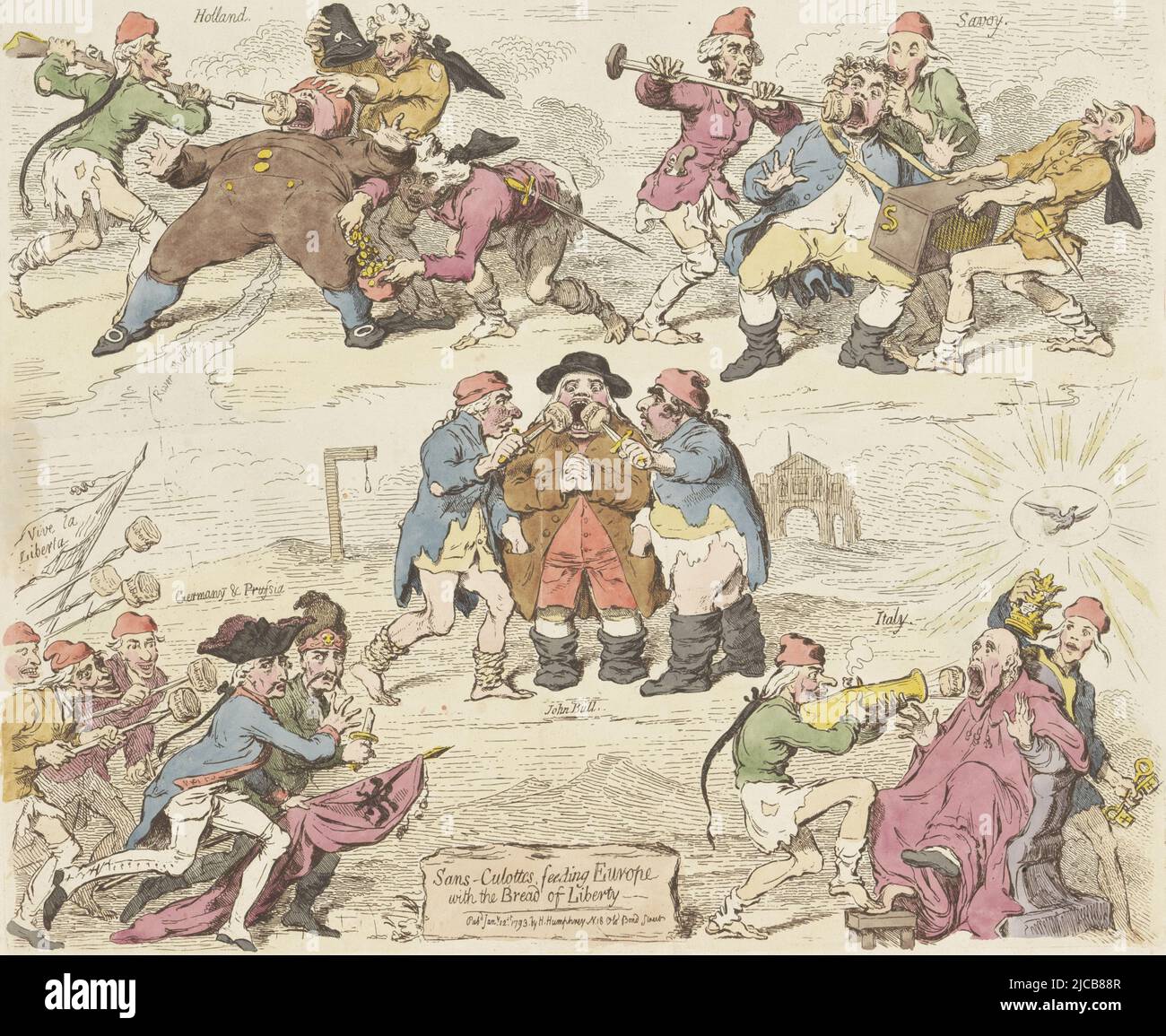 Caricature dans laquelle, dans cinq scènes distinctes, les sansculettes  françaises font que les différents pays européens mangent le pain français  de liberté, 1793 John Bull Angleterre, au centre, est nourri de morceaux