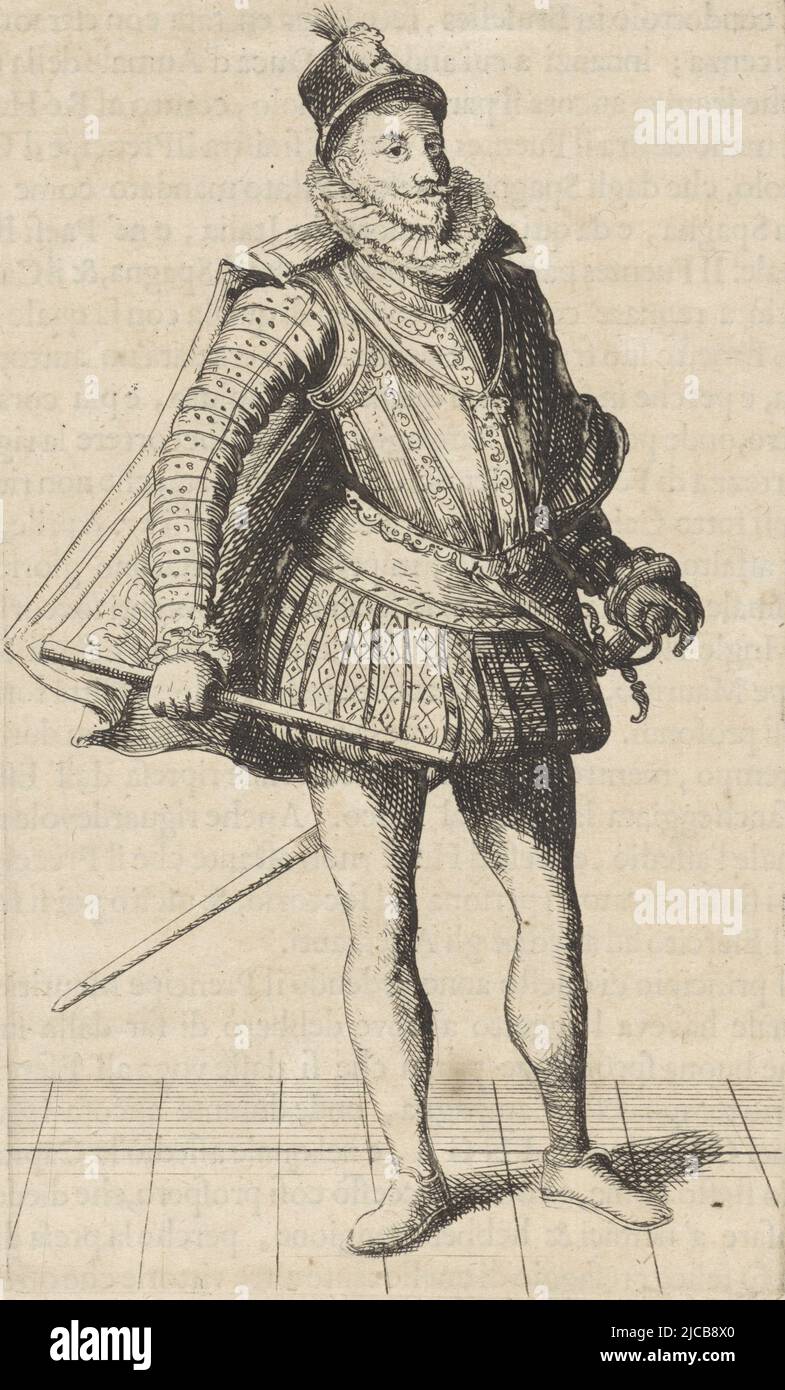 Portrait d'Albrecht, Archiduc d'Autriche et gouverneur des pays-Bas du Sud il porte un commandement dans sa main au-dessous et au-dessus du texte imprimé en typographie, Portrait d'Albrecht, Archiduke d'Autriche, Christoffel van Sichem (I), (copie après), en 1690 ou avant, papier, impression typographique, gravure h 186 mm × l 109 mm, h 230 mm × l 148 mm Banque D'Images