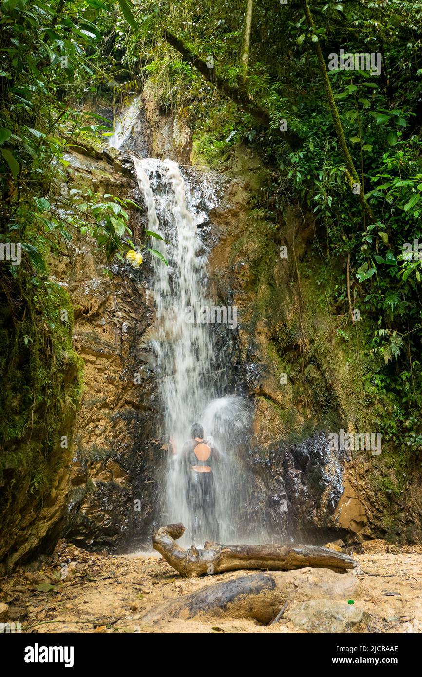 Femme brune sur son dos baignade dans la petite cascade dans la forêt Banque D'Images